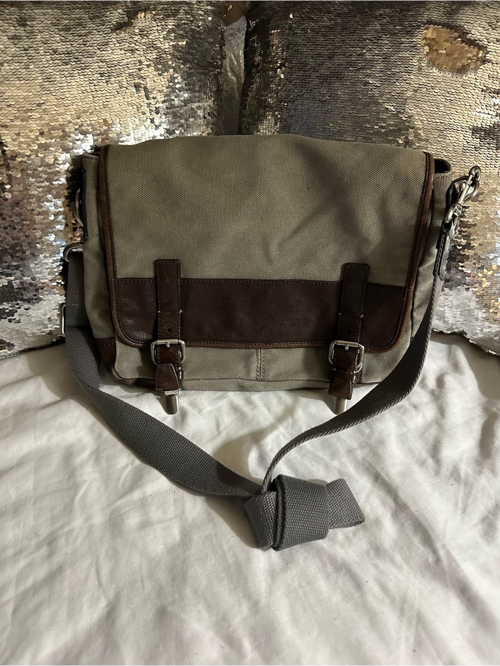 Fossil Olive Canvas Crossbody with Brown Leather Trim
